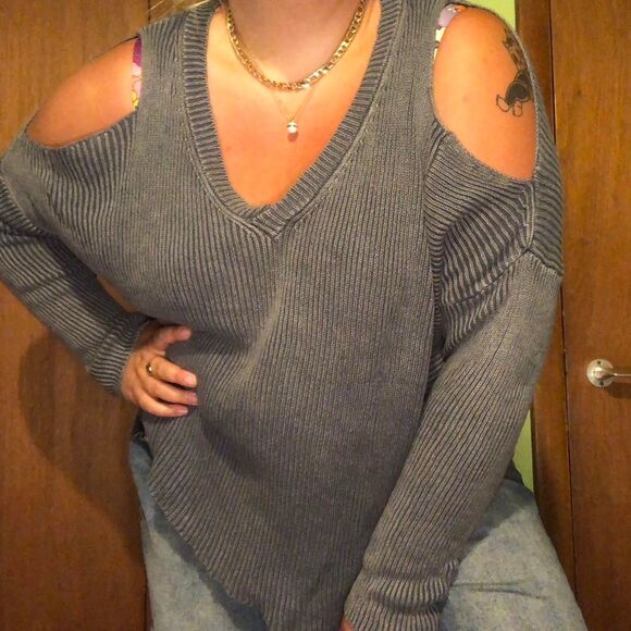 Indie Sleaze Rock & Republic Ribbed Grey Oversized Cold Shoulder Sweater XL - Picture 9 of 9